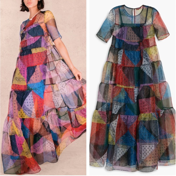 STAUD Dresses & Skirts - RARE NWT STAUD Hyacinth Maxi Dress - Patchwork Bandana Rainbow Colorful Block